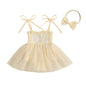 MISOWMNJOY Summer Mesh Tulle Baby Girl Romper Dress Infant Birthday Outfits Sleeveless Tie Strap Smocked Bodysuit with Headband