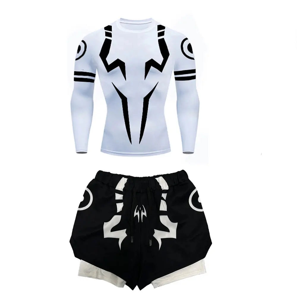 Anime Jujutsu Kaisen Compression Set Fitness Suit for Men Quick Dry 3D Compression Shirt+Gym Shorts Running Workout Sportswear