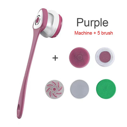 Electric Bath Brush 5-in-1 Long Handle Rechargeable Spin Body Facial Scrubber Back Rubbing Cleaning  Massage Spa Shower Brush