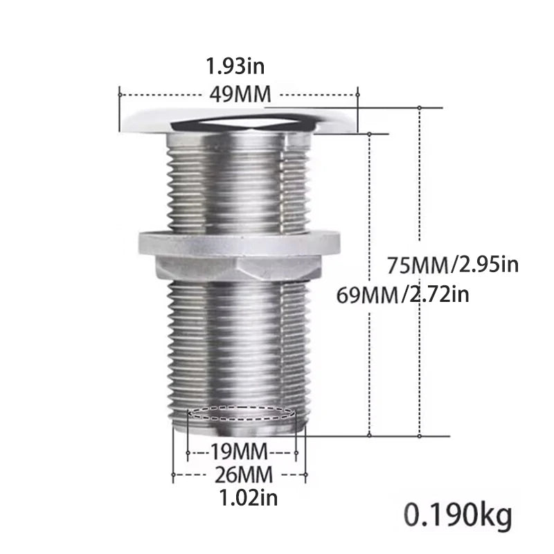 Marine Thru Hull Water Drain Boat Hardware Fitting Accessories 3/4" Hose Barb Silver 1 Pc Water Outlet Stainless Steel 26.5mm