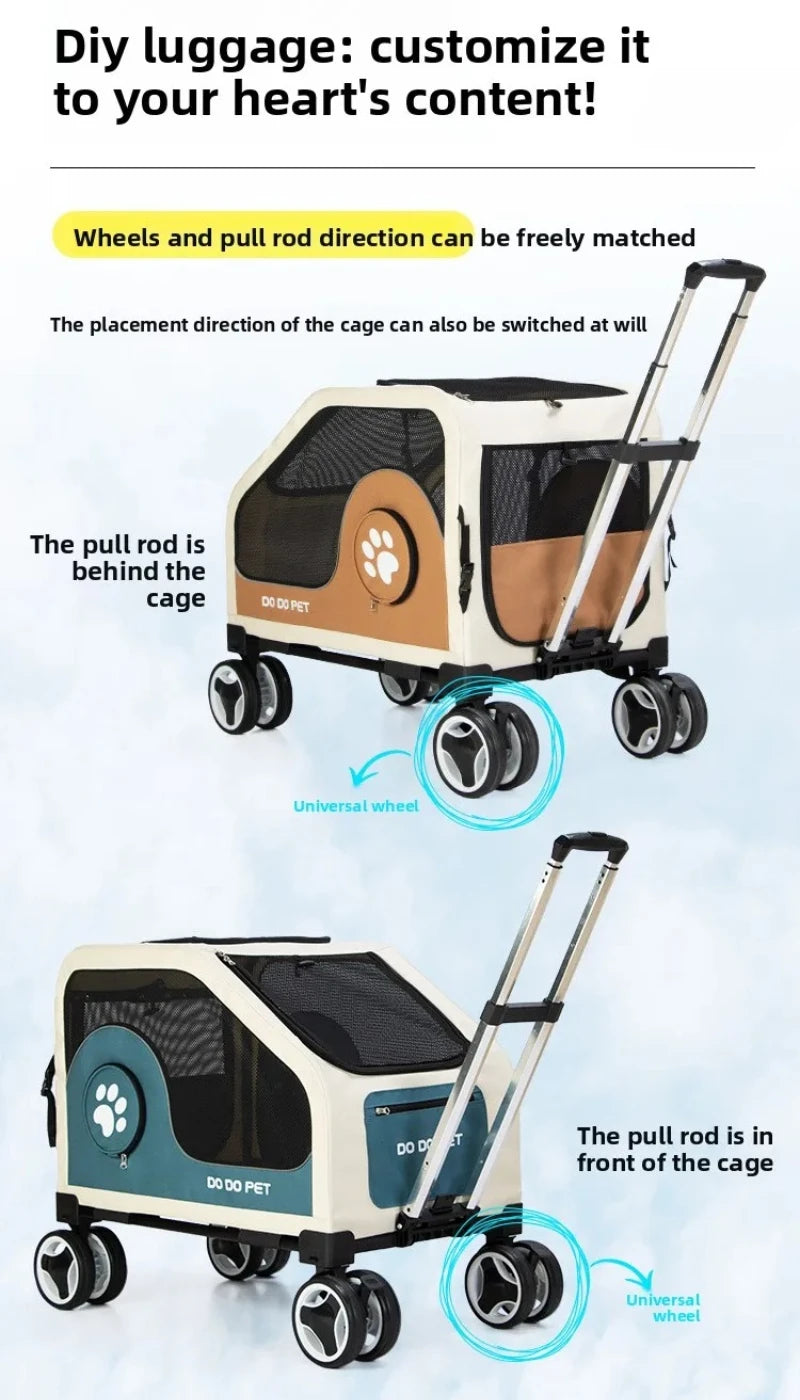 Pet Travel Luggage Cart with Folding Handlebar - Durable Oxford Fabric, Large Capacity, Breathable Mesh, Quiet Wheels