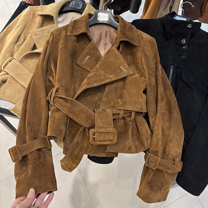 YOLOAgain 2025 Autumn Elegant Real Leather Jacket Coat Women Oversized Leather Jacket With Belt