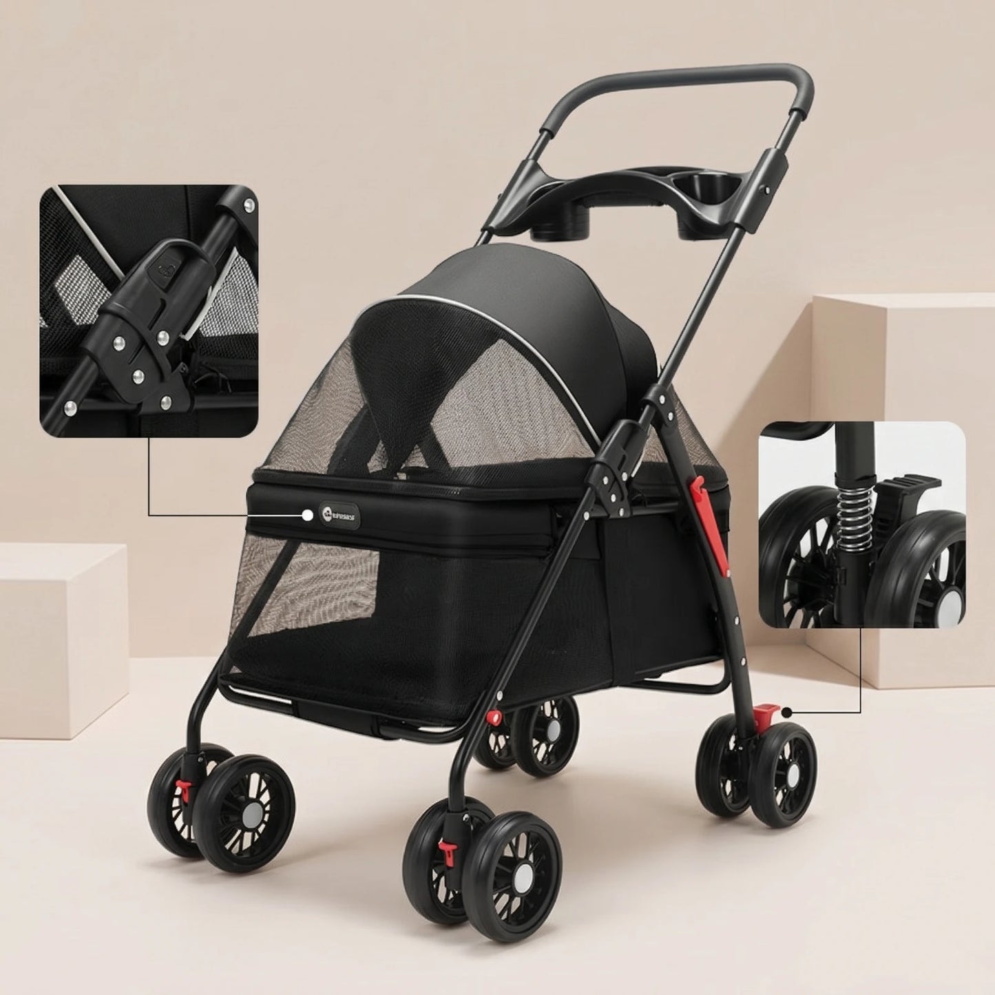 Pet Stroller with Storage Basket 4-Wheel Foldable Pet Stroller Collapsible Breathable for Small Dogs, Outdoor Walks, Travel