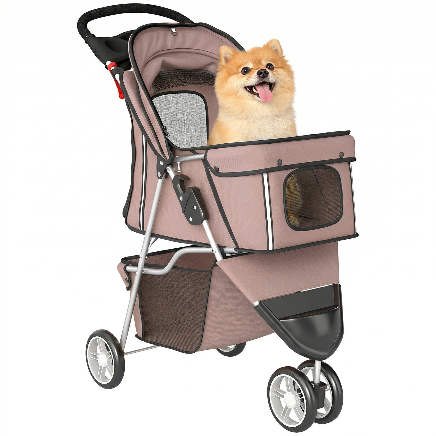 Dog Stroller Foldable Pet Stroller with Adjustable Canopy, Breathable Mesh Windows, Storage Basket, Cup Holder and Rear Brake, Lightweight Travel Carrier Pushchair for Small Dogs, Cats and Mini Breeds, Coffee