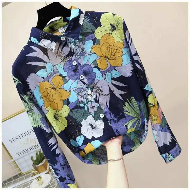 Blue Floral Print Vintage Polo-Neck Single Breasted Long Sleeve Women's Blouse Shirt Casual Female Clothing Tops Fashion 2024