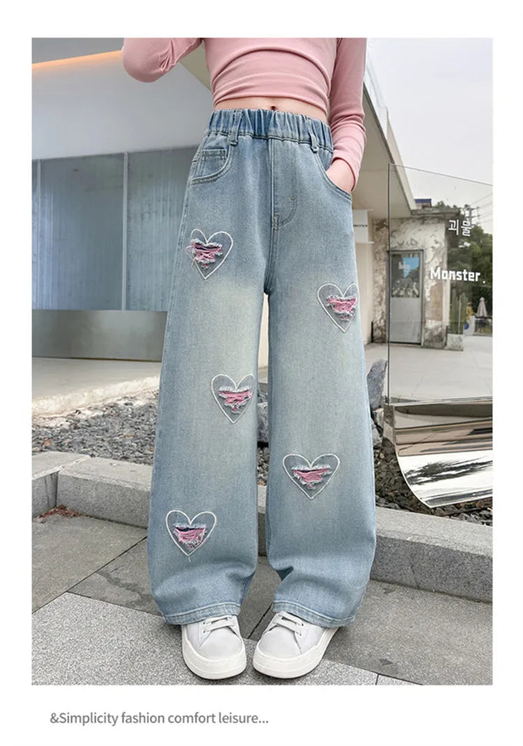 New 4-14 Years Spring Autumn Teenage Girls Jeans Full Print Bow Embroidery Fashion Wide-leg Denim Pants For Kids