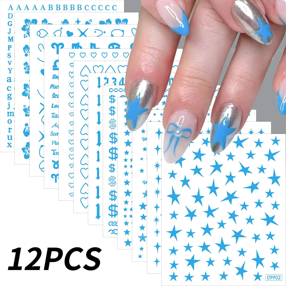 12Pcs 3D Gold Sliver Stars Nail Stickers Bronzing Starlight Nail Art Decals Self Adhesive Slider Decals DIY Nail Tips Decoration