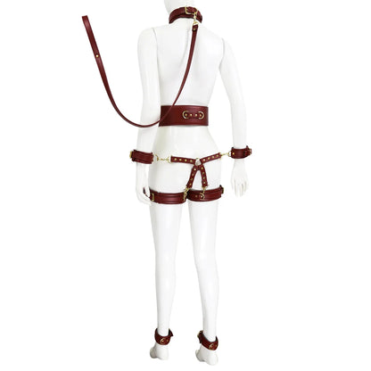 Professional BDSM Red Leather Harness Set Collar Handcuffs Restraint Kit for Women Slave Role Play Fetish Gear Adult Game Toy