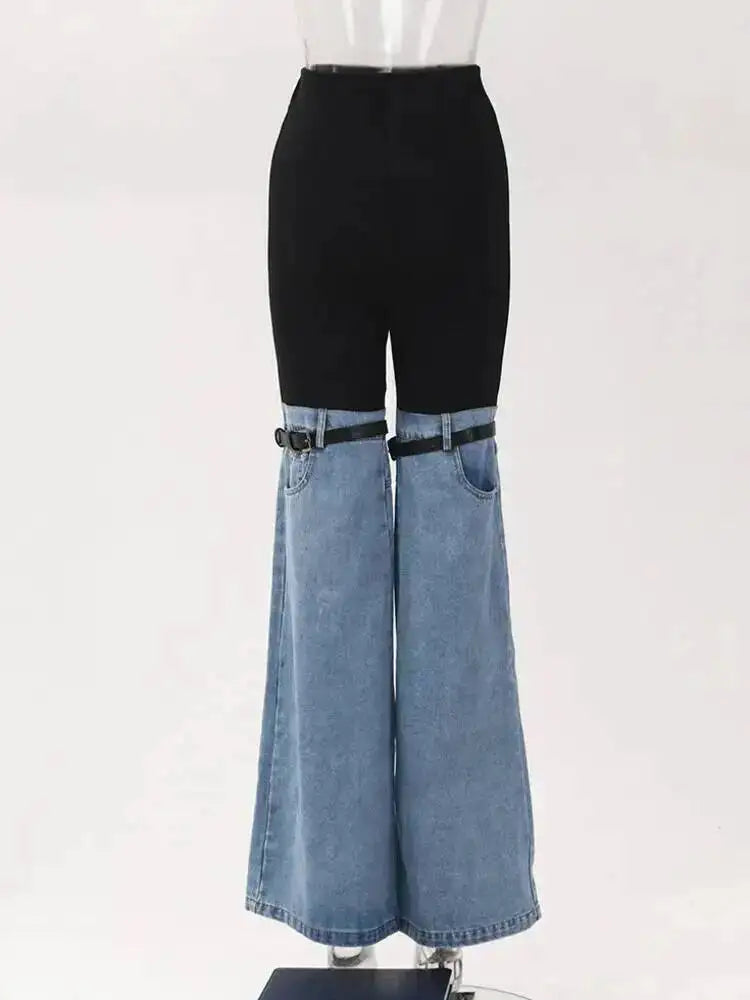 LGRQ Denim Patchwork Pants For Women Fashion New High Waist Contrast Color Belt Straight Pant Female 2026 Summer New 17A2013H
