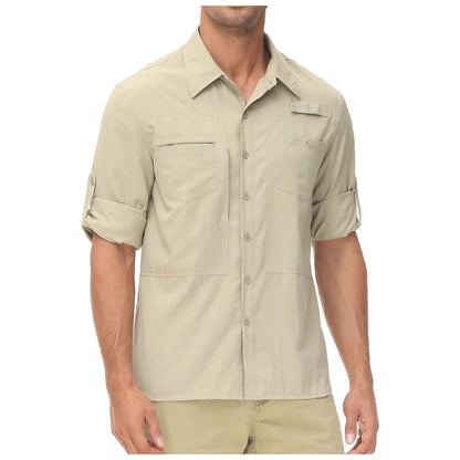 Men's Long Sleeve Fishing Shirts UPF 50+ Sun Protection Breathable Lightweight Travel Work Button Down Shirt with Zipper Pocket