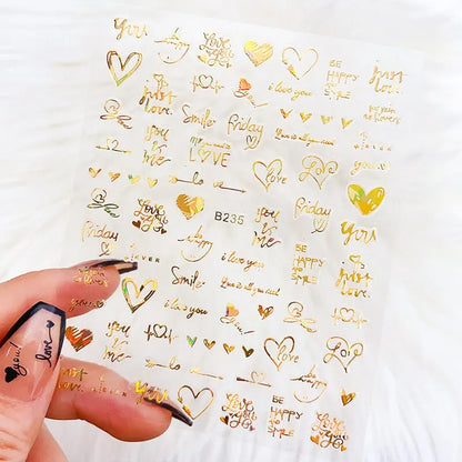 6Pcs/Pack Laser Gold Silver 3D Nail Art Stickers Love Heart Letter Image Nail Decoration Ins Style Sticker DIY Foils Accessories