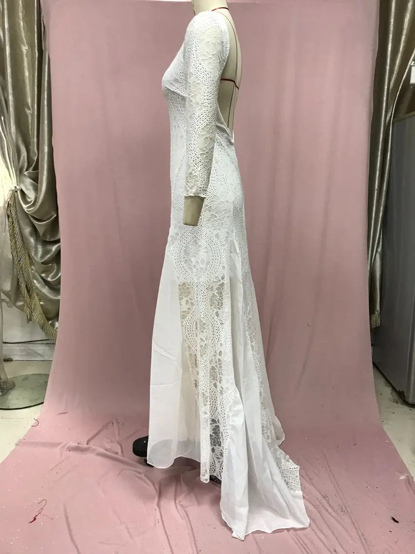 Foreign Style Evening Dress Woman's Sexy Lace Patchwork Backless Wedding Dresses Ladies Elegant Long Sleeves Party Prom Vestidos