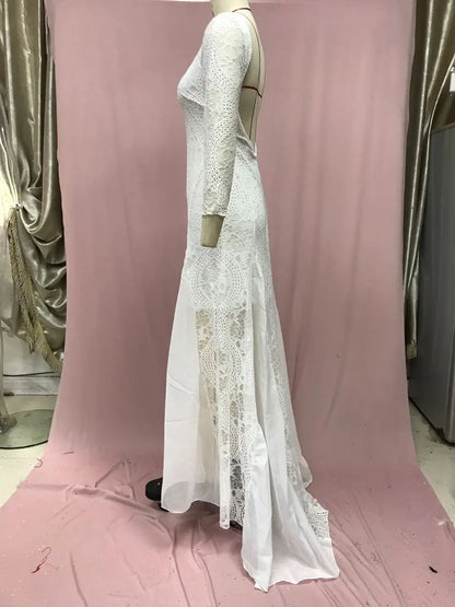 Foreign Style Evening Dress Woman's Sexy Lace Patchwork Backless Wedding Dresses Ladies Elegant Long Sleeves Party Prom Vestidos
