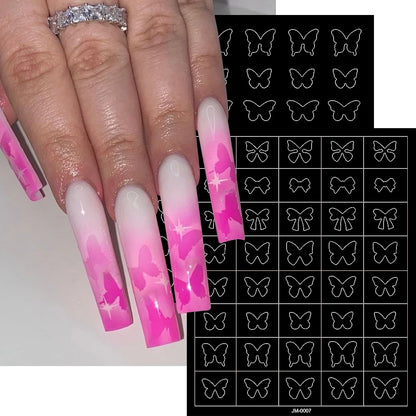 24-Design Airbrush Stencil Nail Stickers 1Pcs Butterfly/Heart/French Line Nail Decal Adhesived DIY Nail Template Airbrush Slider