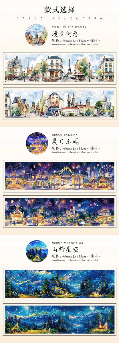 45mm * 2m Free Wind Series Retro Watercolor Landscape PET Stickers Creative Decor DIY Diary Scrapbook Collage Aesthetic Supplies