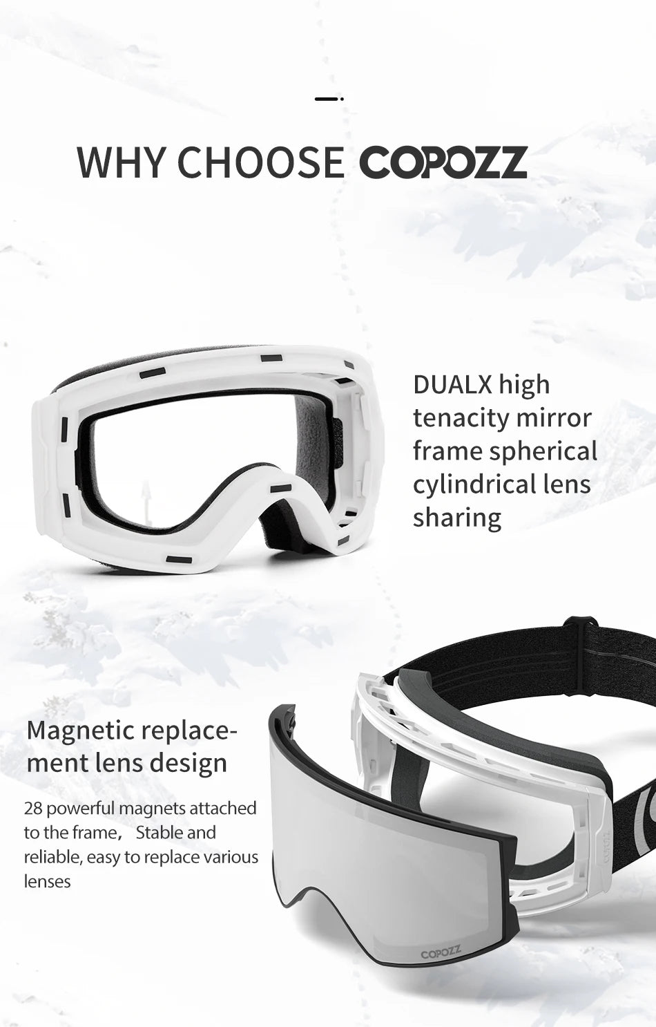 COPOZZ Magnetic Ski Goggles UV400 Protection Anti-Fog Ski Glasses Men Women Quick-Change Lens Snowboard Goggles with Two Options