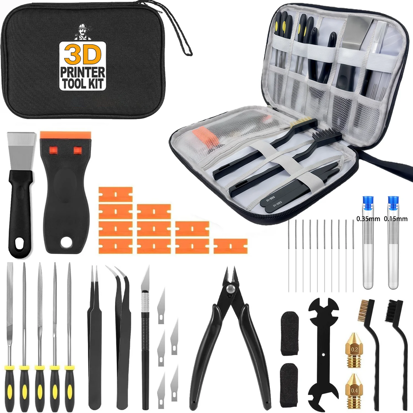 36Pcs 3D Printer Tools Kit with Storage Case, Scrapers Deburring Tool Files Brushes Hand Drill Tweezers for Bambu Lab Ender Kobr