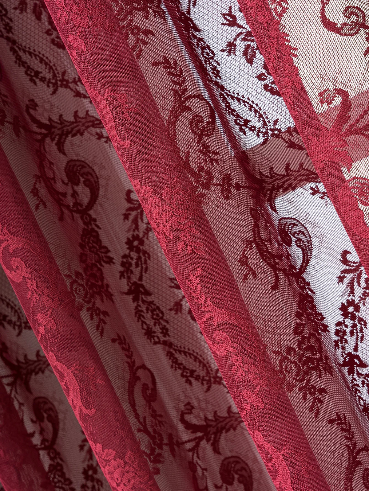 Vintage Burgundy Lace Sheer Curtains, Rod Pocket Ruffled Lace Window Curtains for Living Room Bedroom