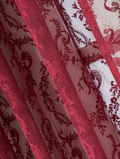 Vintage Burgundy Lace Sheer Curtains, Rod Pocket Ruffled Lace Window Curtains for Living Room Bedroom