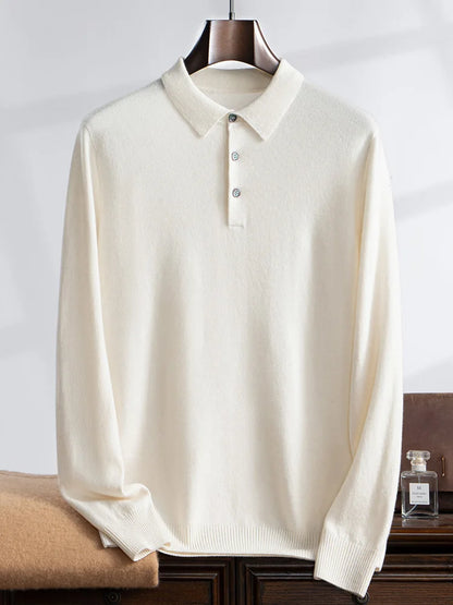ANGEL 2024 Men's New POLO Shirt 100% Cashmere Knitted Pullover Solid Color Sweater Fall Winter Casual Business Office Jacket