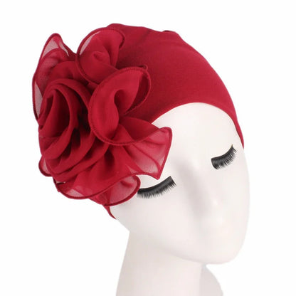 Fashion Women Big Flower Turban Hat Solid Color Elastic Cloth Head Cap Muslim Head Wraps Caps Lady Bandana Hair Accessories