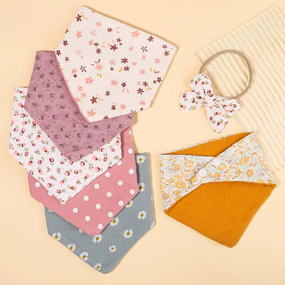 3Pcs/Set Muslin Cotton Print Bib Newborn Bows Headband Triangle Saliva Towel Infant Boy Girl Feeding Burp Baby Hair Accessories