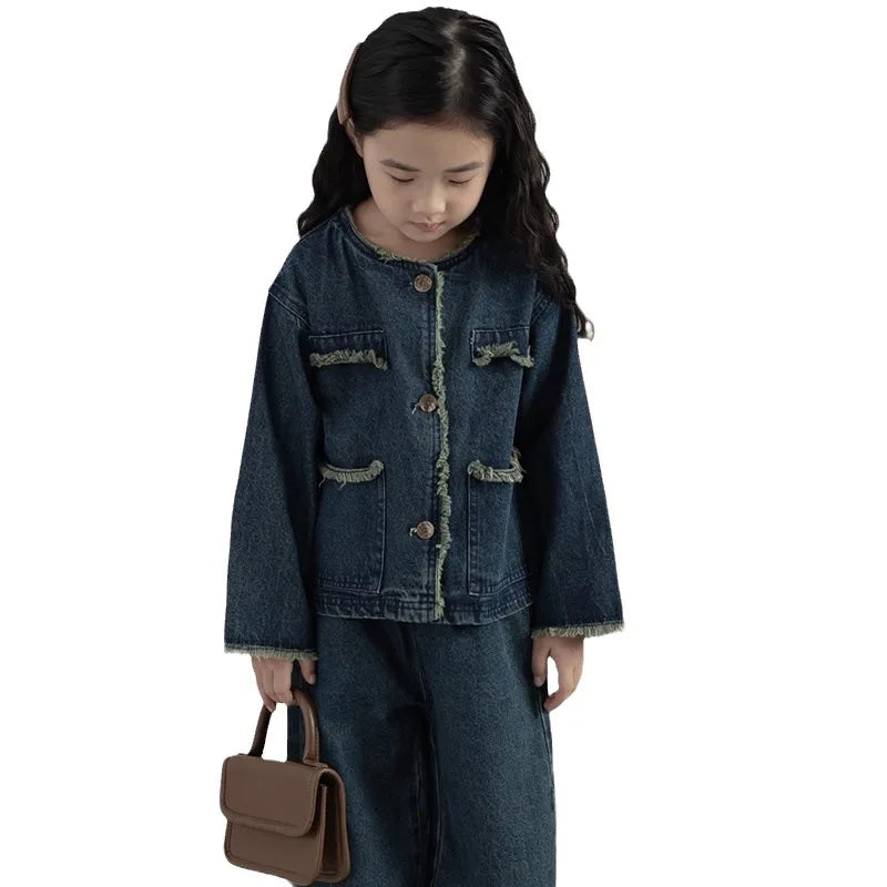 Girls' Denim Set Washed Tassel Vintage Coat+ Loose Pants 2023 Spring And Autumn New Fashion Kids Outfit Casual Clothing Set