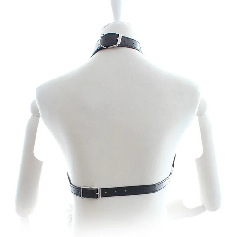 Erotic Leather Bra with Metal Chain Link BDSM Restraint, Black Leather Neck Cover with Chain Bra, Nightclub Performance Costume