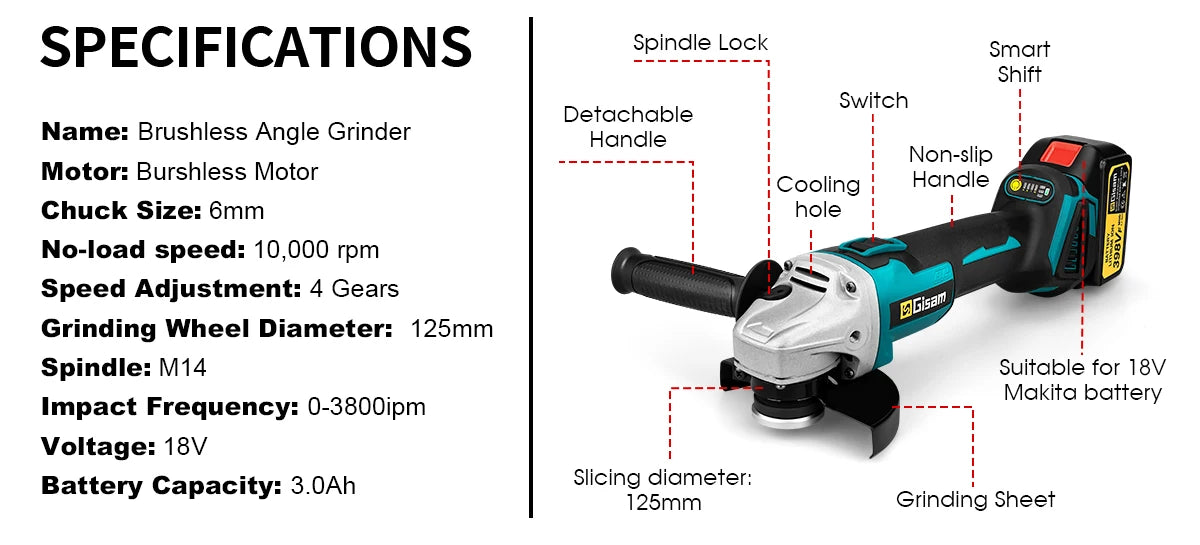 Gisam 125mm M14 Brushless Angle Grinder Cutting Machine Cordless Electric Angle Grinder Power Tools for Makita 18V Battery Pins