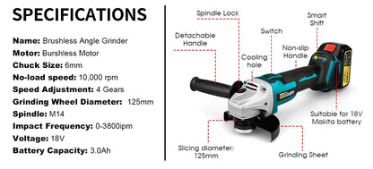 Gisam 125MM Brushless Electric Angle Grinder Variable Speed M14 Cutting Machine Woodworking Tool for Makita 18v Battery Pin