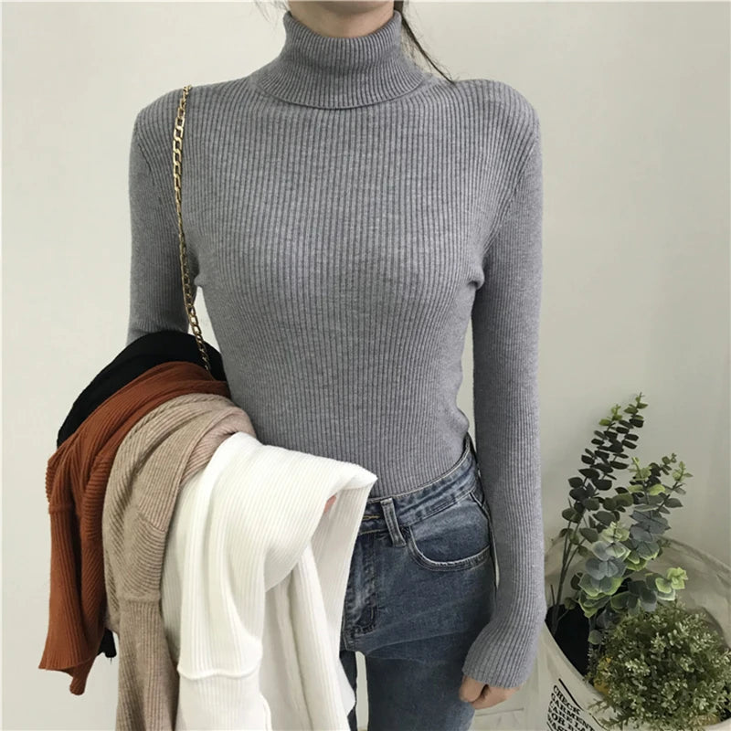 2026 Autumn Winter Sweater Women Knitted Ribbed Pullover Sweater Long Sleeve Turtleneck Slim Jumper Soft Warm Pull Femme