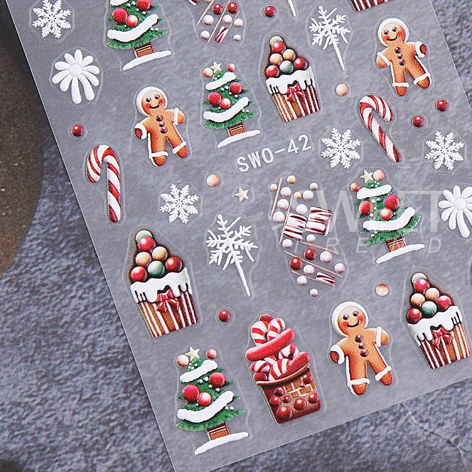 5D Embossed Christmas Nail Stickers Gingerbread Man Snowflake Snowman Penguin Nail Decal Autumn Winter Nail Supplies Decoration