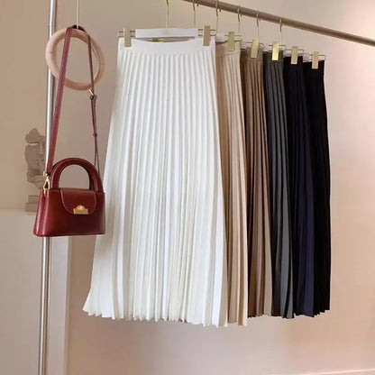 Women Summer Solid Pleated Satin Long Skirt Korean New Fashion Ladies Work Casual Elastic High Waist A Line Party Loose Skirts
