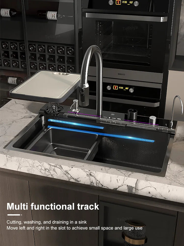 Household Waterfall Digital Display Kitchen Sink Stainless Steel Multifunction Wash Dish and Vegetables Basin Large Single Slot