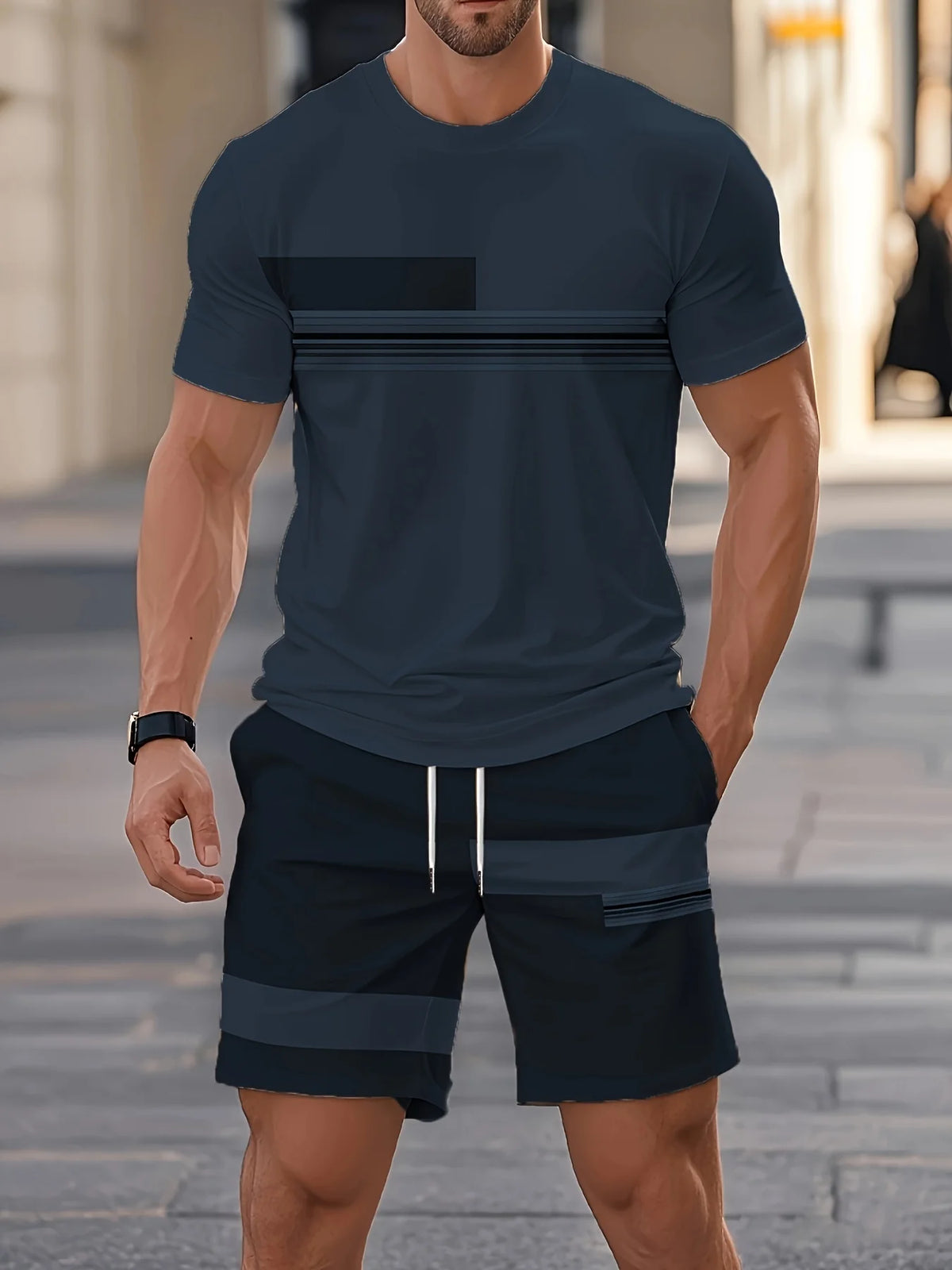 2026 Summer New Arrival Men's Casual Two-Piece Set Striped Print Short-Sleeve Shirt and Athletic Shorts Set Men's Fitness Set