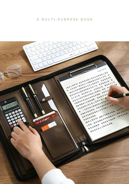 Executive Business A4 Leather Portfolio Folder Clipboard for Zippered Desk Organizer Document Briefcase Calculator for Office