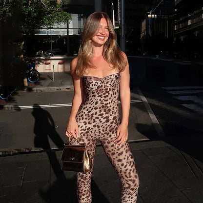 VEITCHE Leopard Printed Women Summer Jumpsuits Sexy Hot Popular Low Neck Spaghetti Strap Skinny Overalls Female Trend Midnight