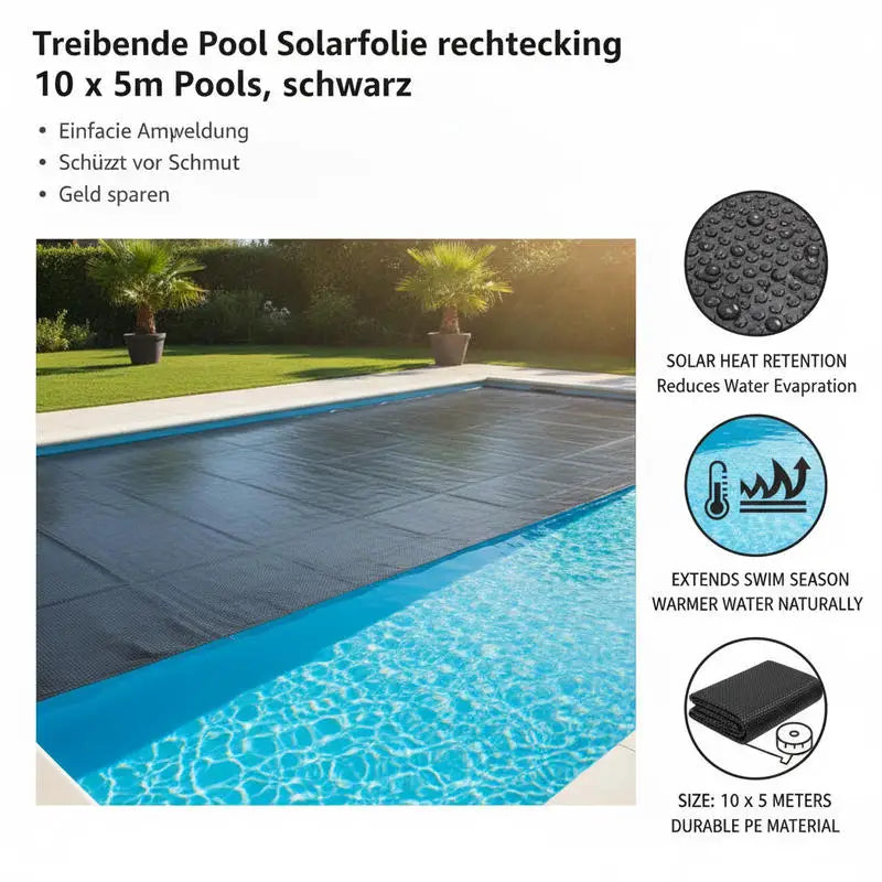 Floating pool solar cover, rectangular, for 10 x 5m pools, black