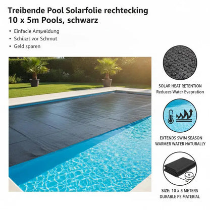 Floating pool solar cover, rectangular, for 10 x 5m pools, black