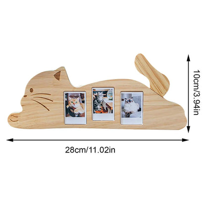 Creative Wooden Cat Photo Frame 3-Photo Desktop Decor Pet Picture Frame with Rotating Tail Personalized Pet Memorial and Gifts