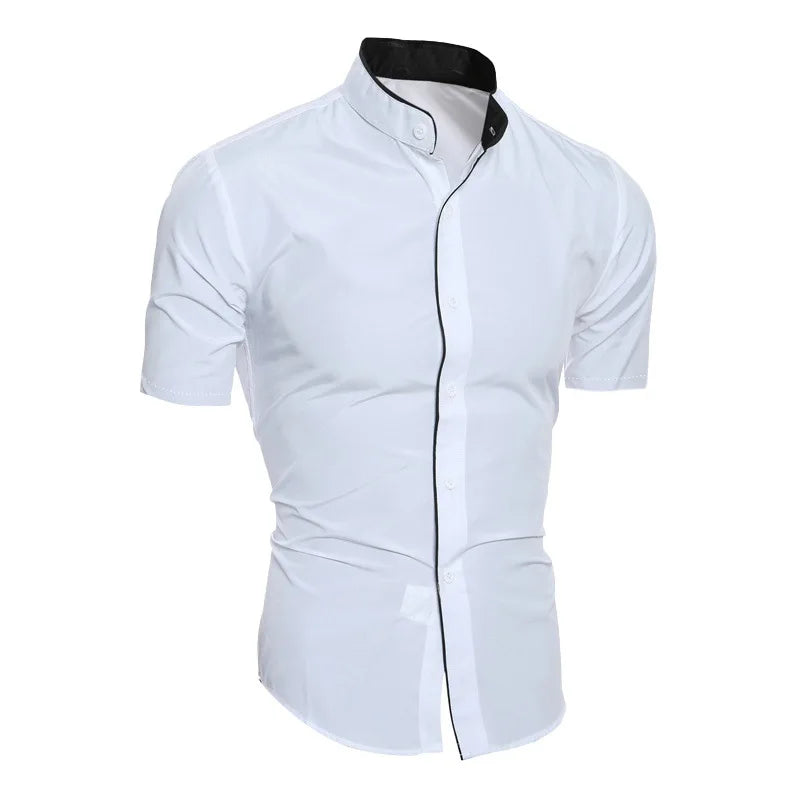 Summer Men's Stand Collar Solid Color Block Short Sleeve Casual Fashion Single Breasted Contrast Shirt