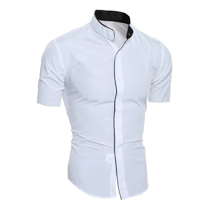 Summer Men's Stand Collar Solid Color Block Short Sleeve Casual Fashion Single Breasted Contrast Shirt