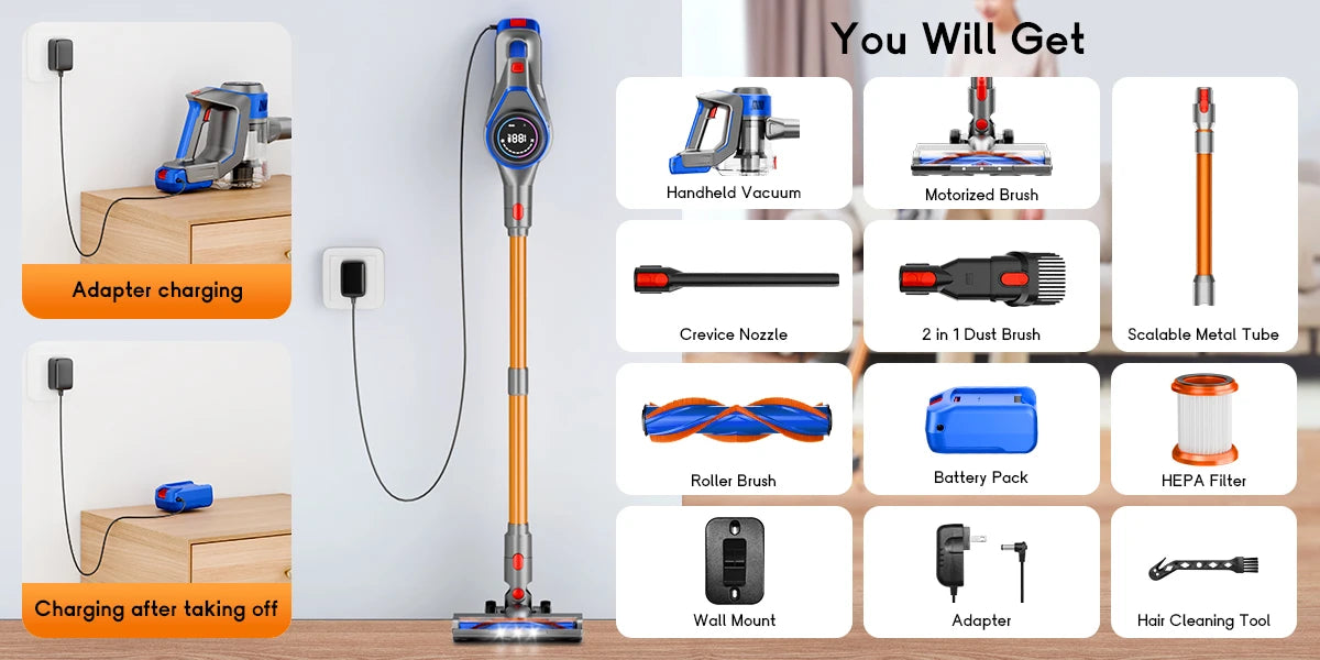 Honki 78KPA Cordless Vacuum Cleaner with LED High Power Strong Suction Wet and Dry Handheld Vacuum Cleaner for Pet Hair Carpet