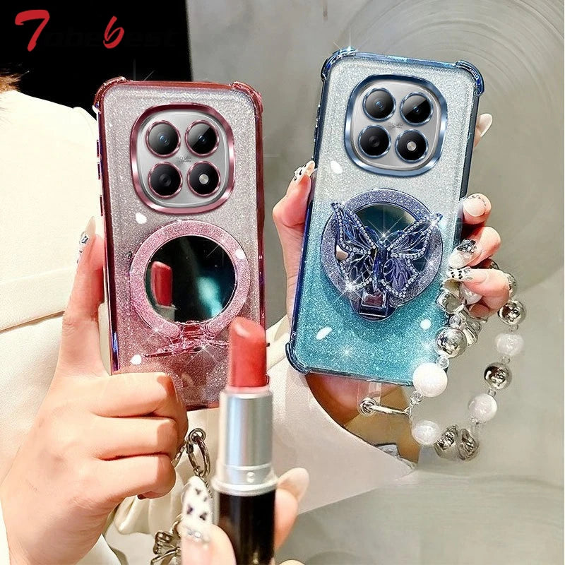 Glitter Butterfly Mirror Crystal Bracelet Case For Xiaomi Redmi Note 15 15C 14 14C 13 13C 12 11 Pro Plus 4G 5G Shockproof Cover
