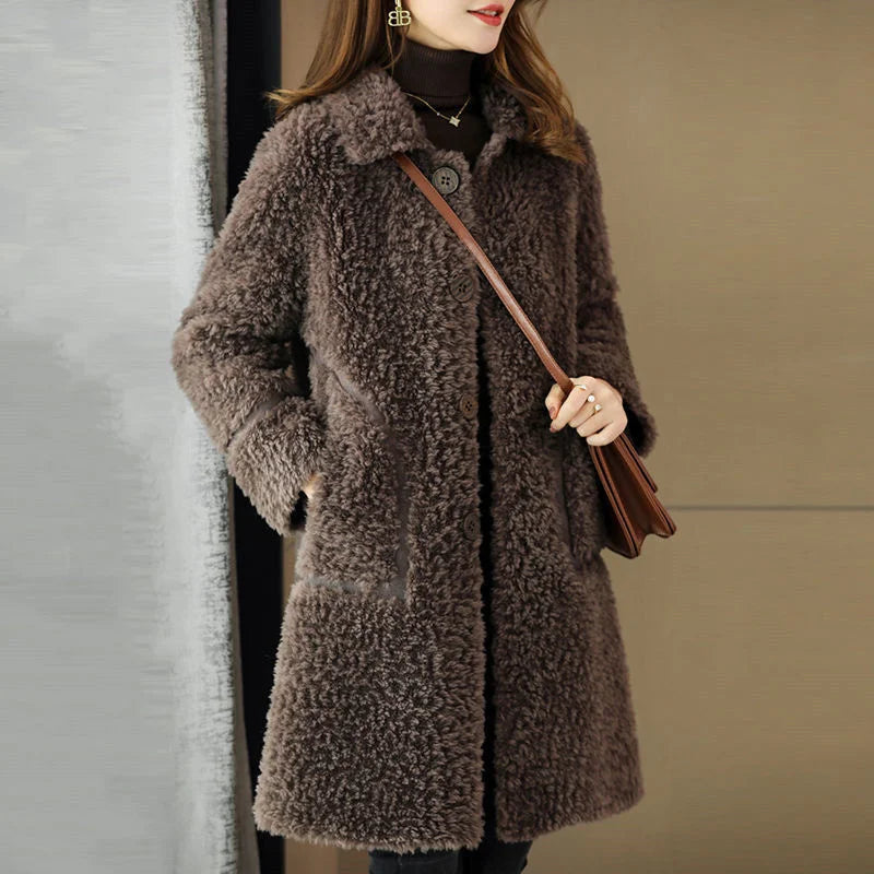 Female Winter Slim Grain Wool Middle Long Coat Women New Middle-Aged And Elderly Cashmere Thickened Imitation Lamb Wool Overcoat