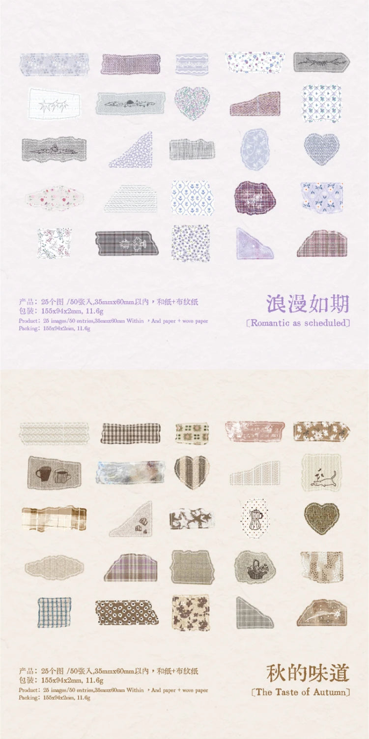 Journal GO 50pcs Dual Material Cloth Fabric Textured Stickers for Photo Frame Collage Junk Journal Scrapbooking diy Material