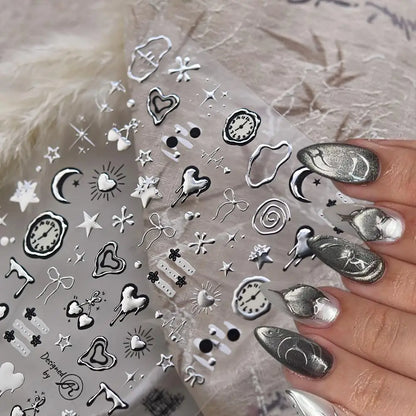 1Pcs 5D Metal Y2K Liquid Love Star Moon Nail Art Sticker Punk Style Silver Clock Heartbeat Heart Slider Romantic Manicure Decals