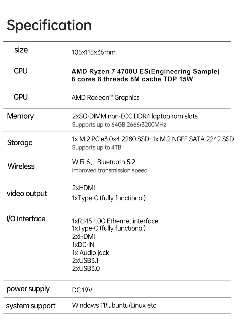 Topton Palm Gaming Mini PC AMD Ryzen 7 4700U ES 3 5300U ES 2*DDR4 2*M.2 Slots Portable Office Desktop PC Windows 11 MiniPC WiFi6