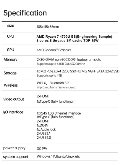 Topton Palm Gaming Mini PC AMD Ryzen 7 4700U ES 3 5300U ES 2*DDR4 2*M.2 Slots Portable Office Desktop PC Windows 11 MiniPC WiFi6