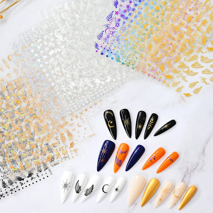 3D Gold Sun/Moon/Star Bronzing Nail Art Sticker 8*10cm Laser Star Moon Design Nail Decal Gold Silver Self-Adhesive Slider &*&